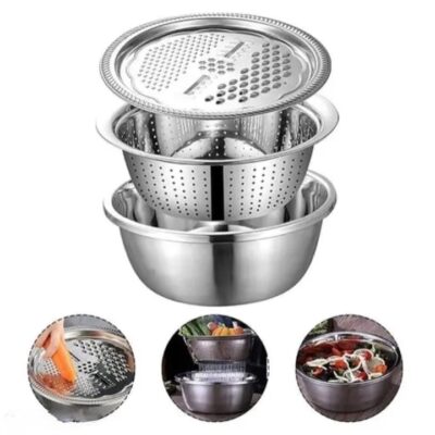3 in 1 Stainless Steel Colander Set with Grater, Strainer and Drain Basket