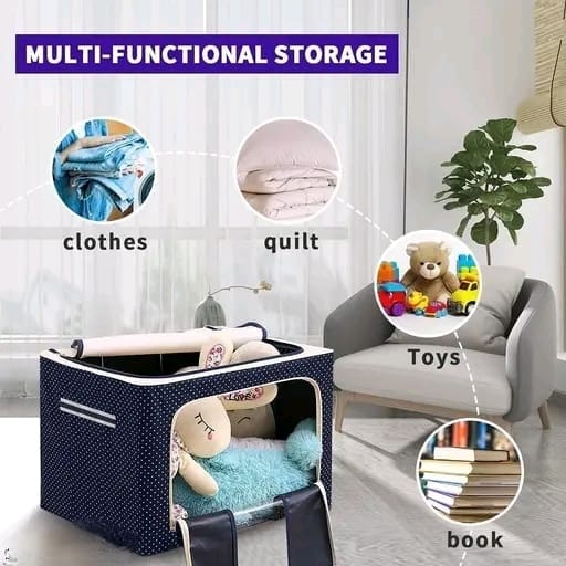 66L Foldable Storage Box With Steel Frame Heavy Quality (Blue Dotted) - Image 3