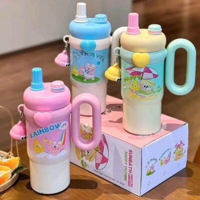Rainbow Stainless Steel Tumbler With Straw | 850ml Insulated Leak-Proof Tumbler with Strong Handle, Detachable Straw, Fun Charms & Extra Lids | BPA-Free Large Capacity Travel Sipper for School, Office