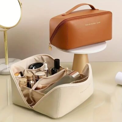 Travel Cosmetic Bag. Large Capacity. Waterproof. PU Leather Makeup Organizer with Wide Opening, Toiletry Bag Makeup Organizer (Brown)