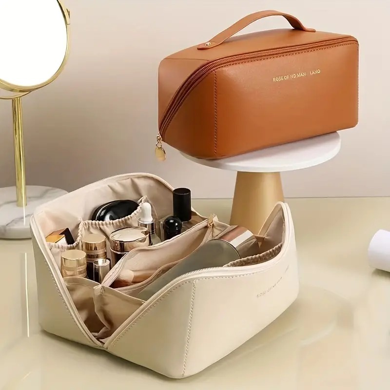 Travel Cosmetic Bag. Large Capacity. Waterproof. PU Leather Makeup Organizer with Wide Opening, Toiletry Bag Makeup Organizer (Brown)