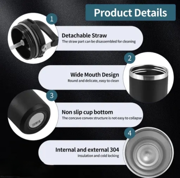 900ML Stainless Steel Tumbler with Straw - Image 3